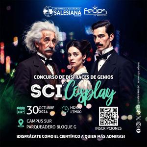 Afiche del Concurso de disfraces de científicos “SciCosplay”